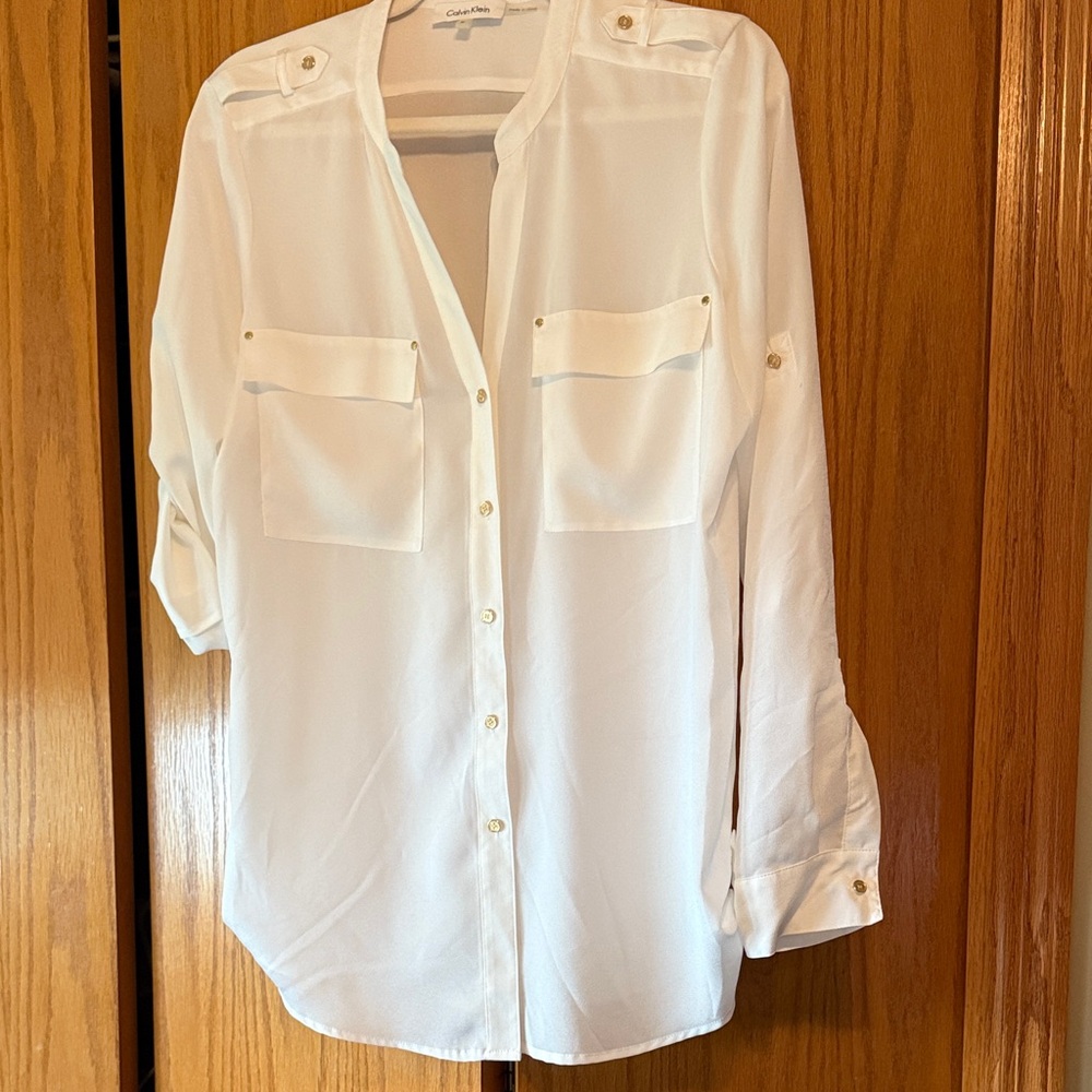 Calvin Klein White Sheer Casual Button Down Shirt